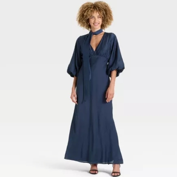 A New Day Navy Blue Balloon 3/4 Sleeve Tie Neck Maxi Dress - Picture 3 of 5